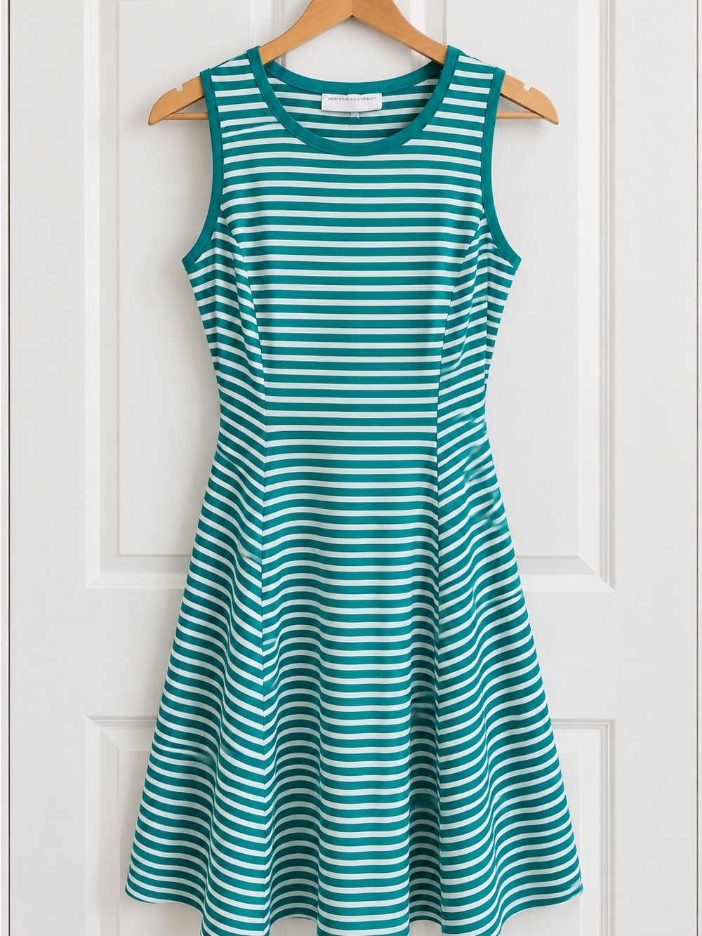 NY & Company Teal White Striped Fit Flare Dress M Summer Work
